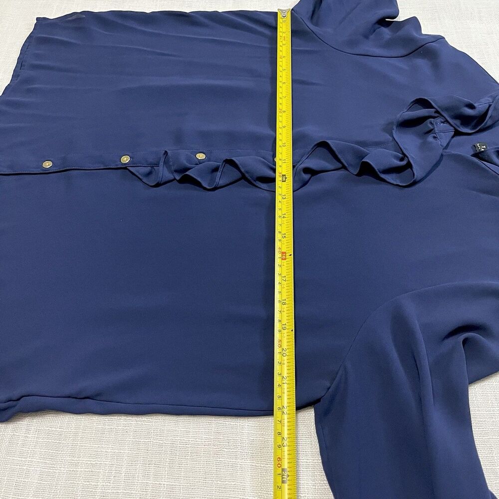 J Crew Navy Sheer Ruffle Blouse Women 12 Gold Button Long Sleeve Preppy Romantic - Picture 11 of 14